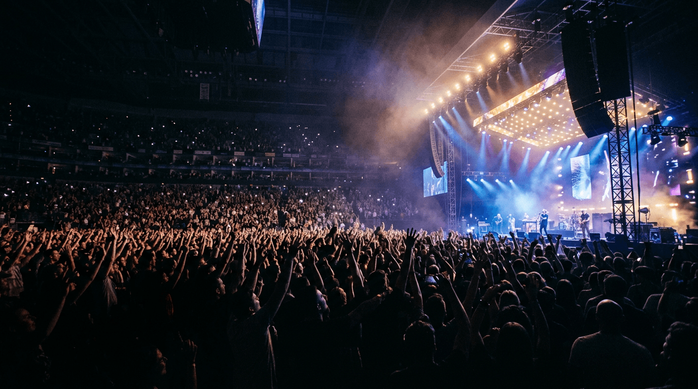 Crowd with raised hands in front of a brightly lit concert stage